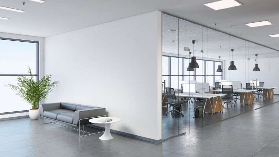 Modern office lobby with sofa, plant, and glass-walled open workspace with desks and chairs